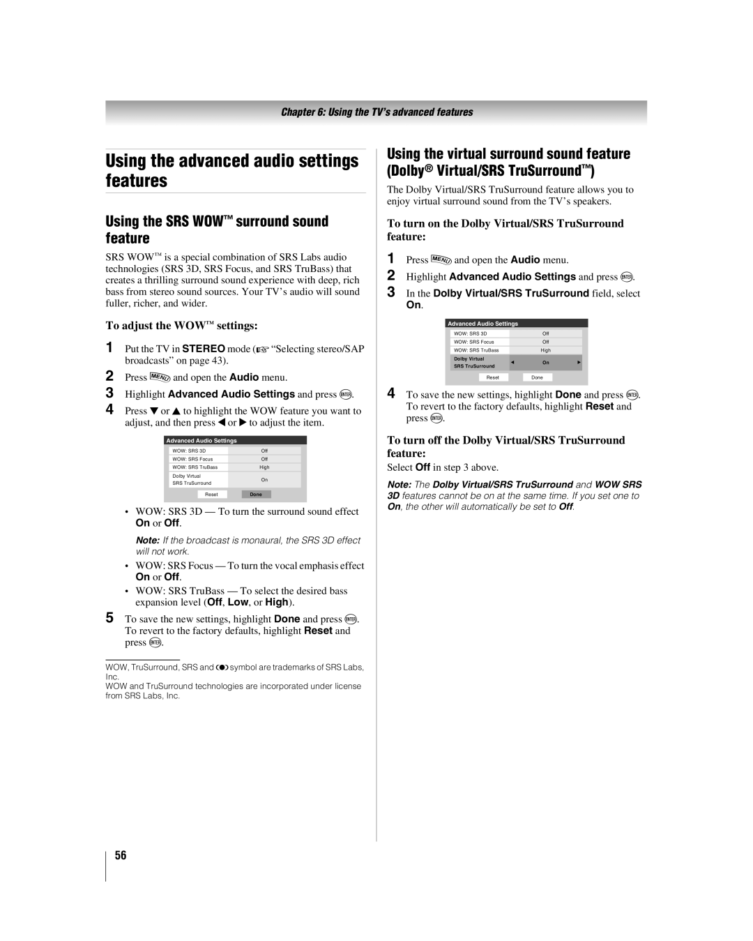 Toshiba 42LX196 manual Using the advanced audio settings features, Using the SRS WOW surround sound feature 