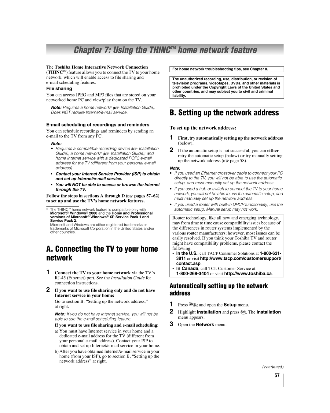 Toshiba 42LX196 manual Using the Thinc home network feature, Connecting the TV to your home network 