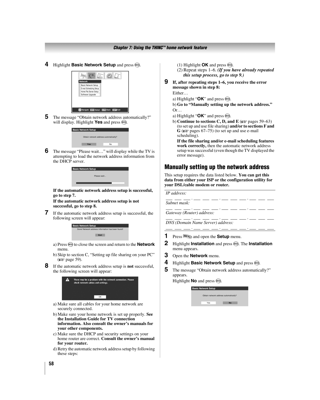 Toshiba 42LX196 manual Manually setting up the network address, Highlight Basic Network Setup and press T 