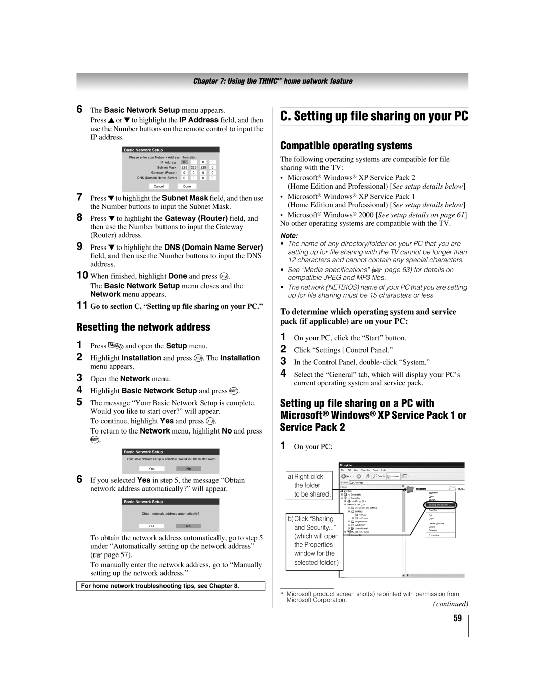 Toshiba 42LX196 Resetting the network address, Compatible operating systems, Basic Network Setup menu appears, On your PC 