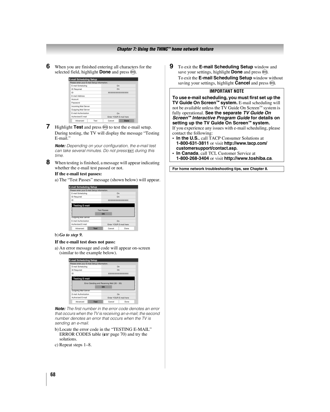 Toshiba 42LX196 manual Test Passes message shown below will appear, To exit the E-mail Scheduling Setup window 