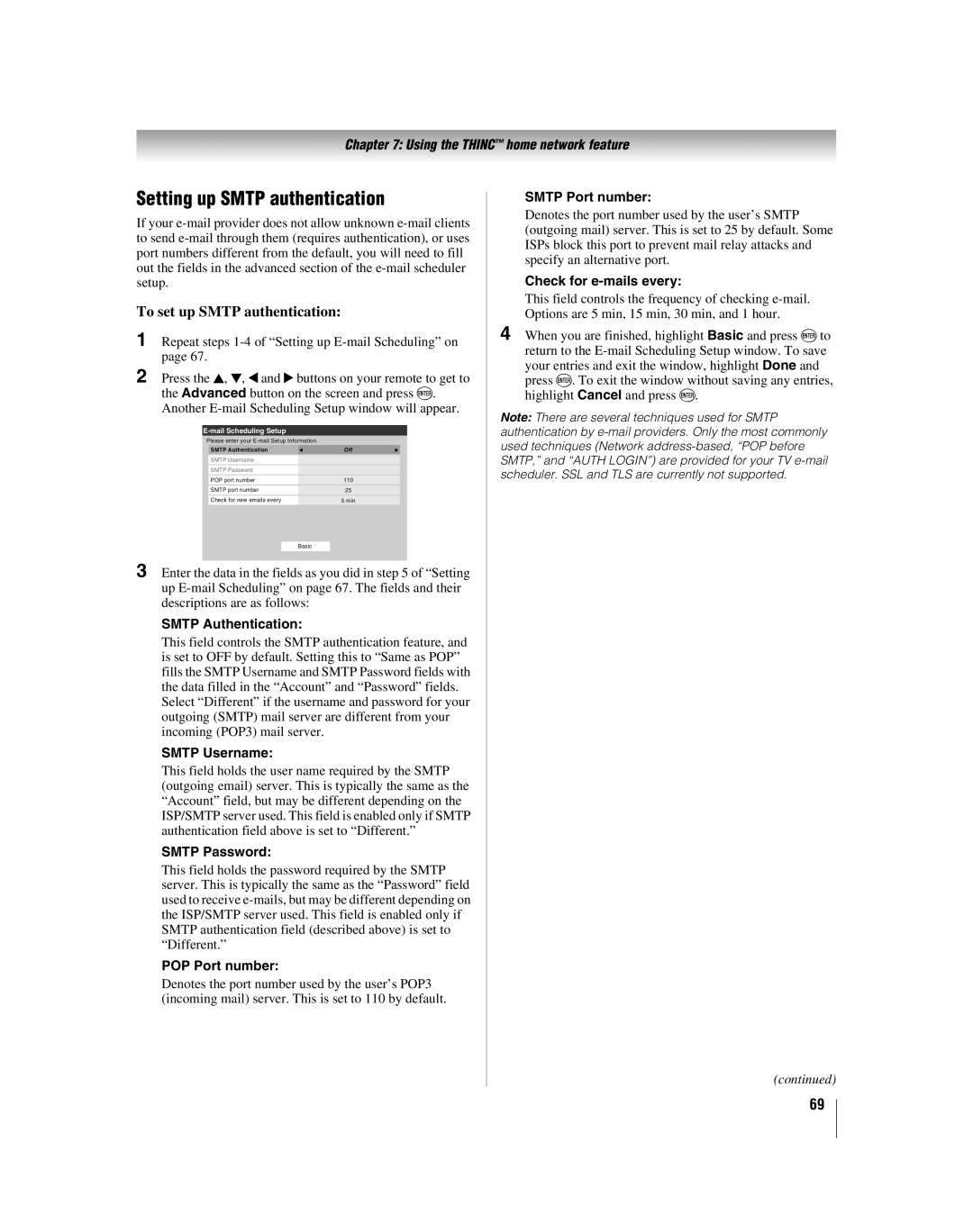 Toshiba 42LX196 manual Setting up Smtp authentication, To set up Smtp authentication 