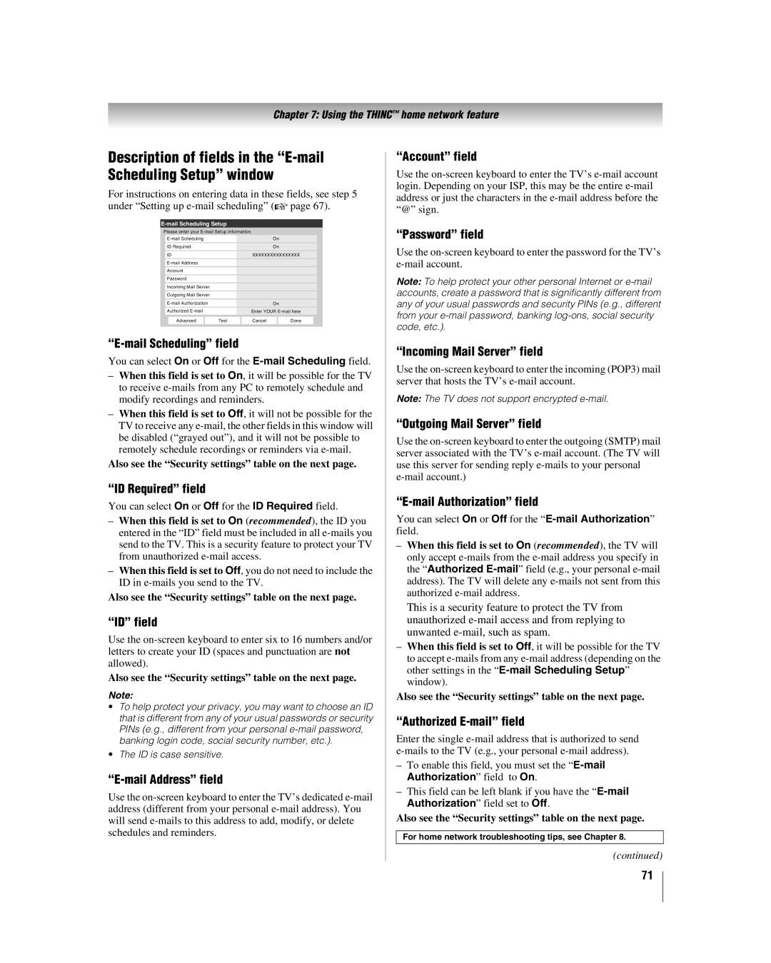 Toshiba 42LX196 Mail Scheduling field, ID Required field, ID field, Mail Address field, Account field, Password field 