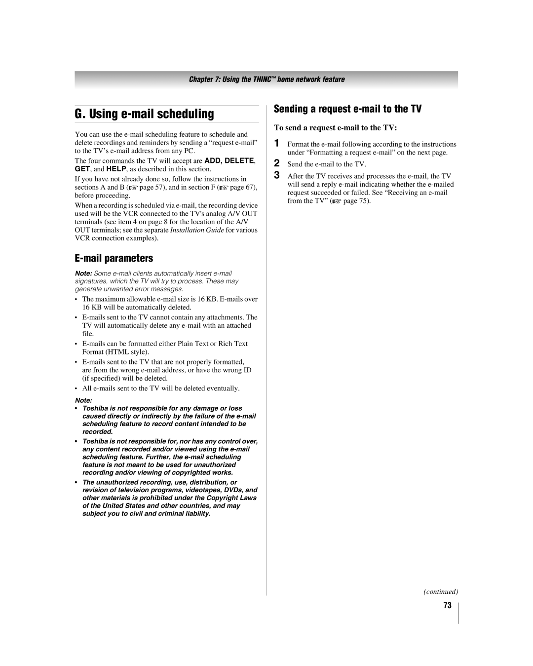 Toshiba 42LX196 manual Using e-mail scheduling, Mail parameters, Sending a request e-mail to the TV 