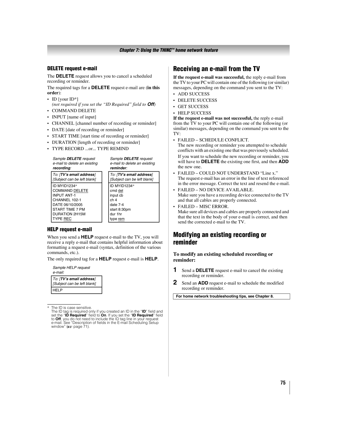 Toshiba 42LX196 manual Receiving an e-mail from the TV, Modifying an existing recording or reminder, Delete request e-mail 