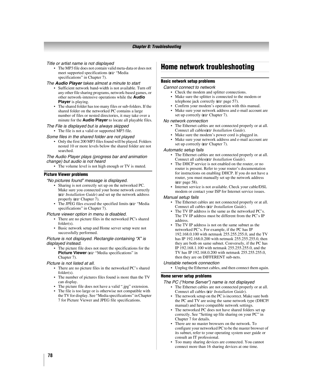 Toshiba 42LX196 manual Home network troubleshooting, Picture Viewer problems, Basic network setup problems 