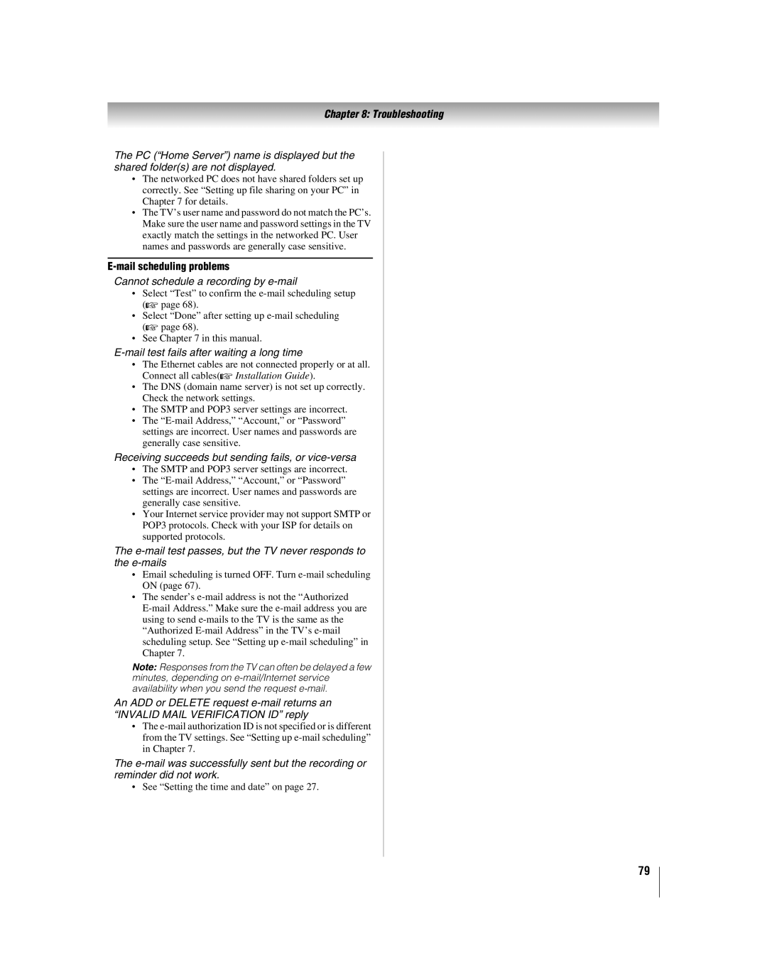 Toshiba 42LX196 manual Mail scheduling problems, See Setting the time and date on 