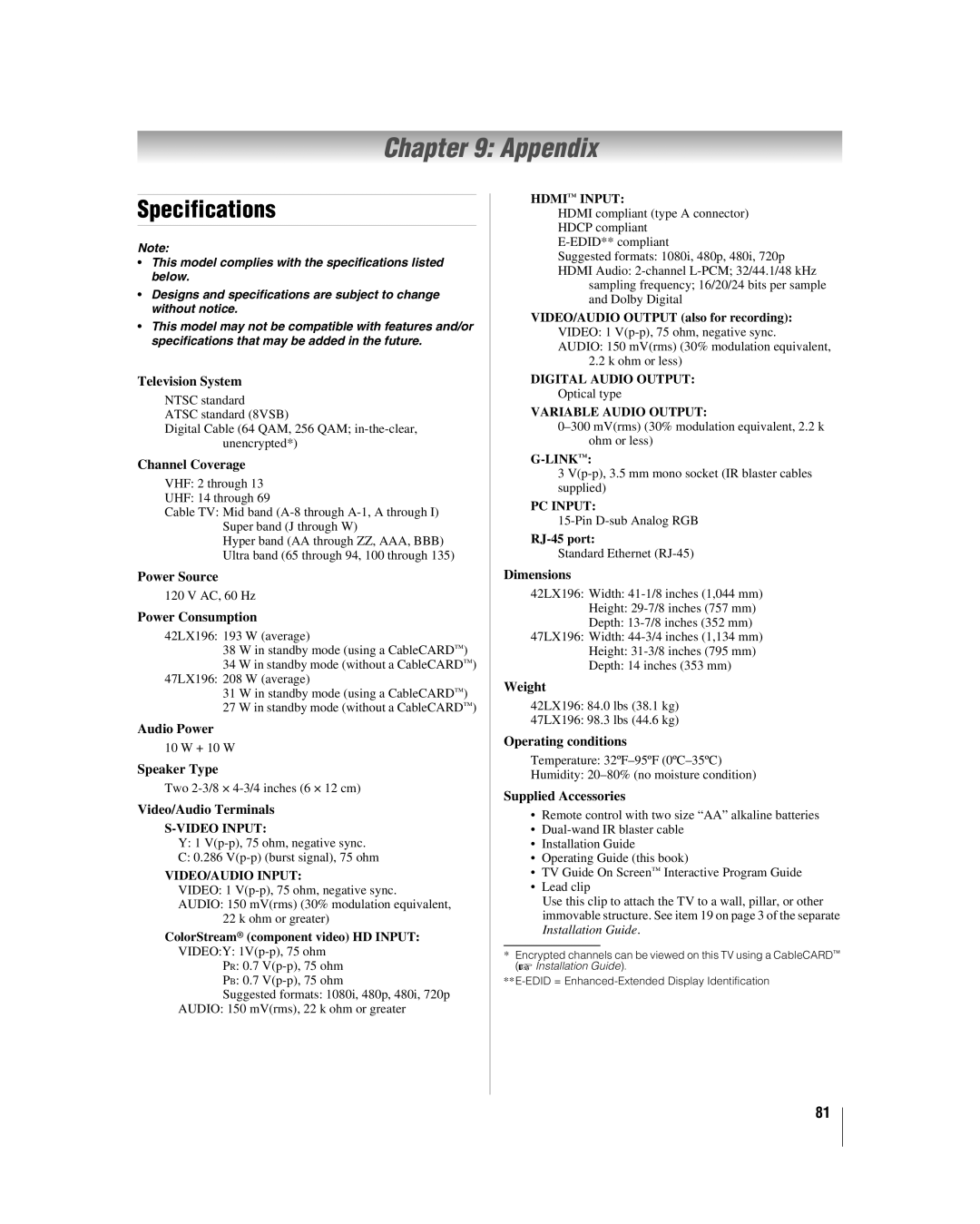 Toshiba 42LX196 manual Appendix, Specifications 