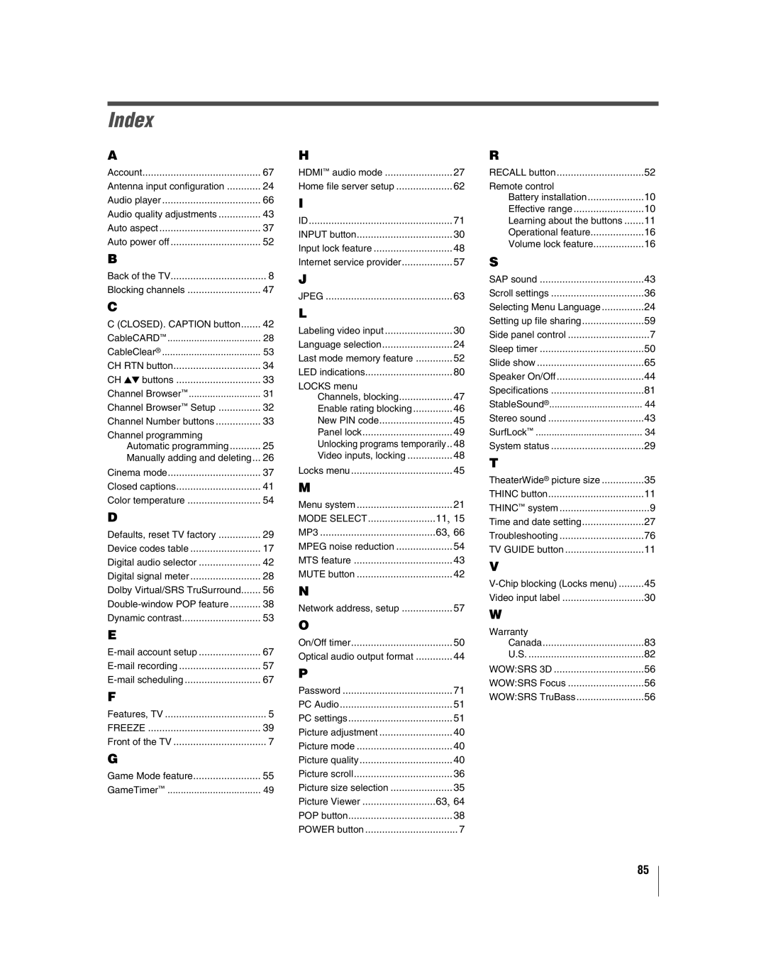 Toshiba 42LX196 manual Index, Freeze 