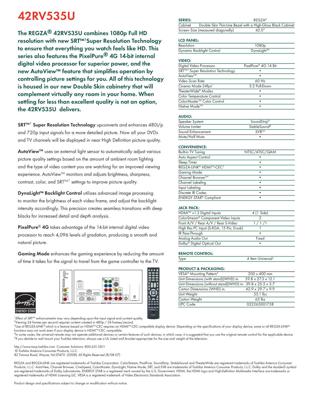 Toshiba 42RV535U manual Series, Video, Audio, Convenience, Jack Pack, Remote Control, Product & Packaging 