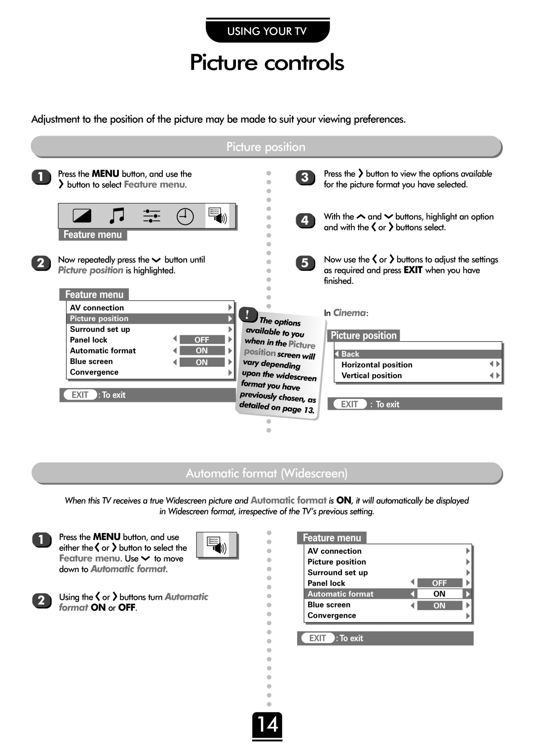 Toshiba 42WH18B, 50WH18B manual Picture controls, Picture position, Automatic format Widescreen, Feature menu 