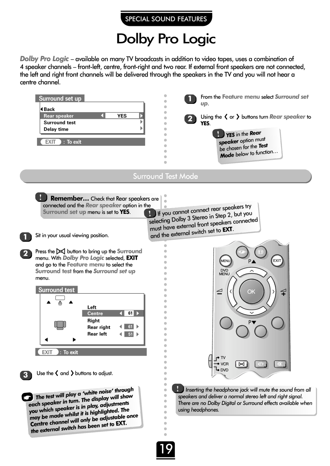 Toshiba 42WH18B, 50WH18B manual Dolby Pro Logic, Surround Test Mode, Surround set up, Surround test 