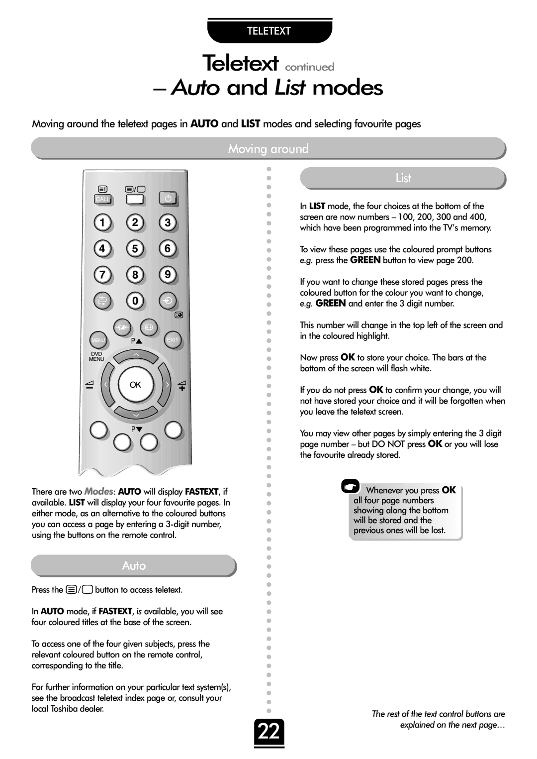 Toshiba 42WH18B, 50WH18B manual Teletext, Moving around, Auto, List 