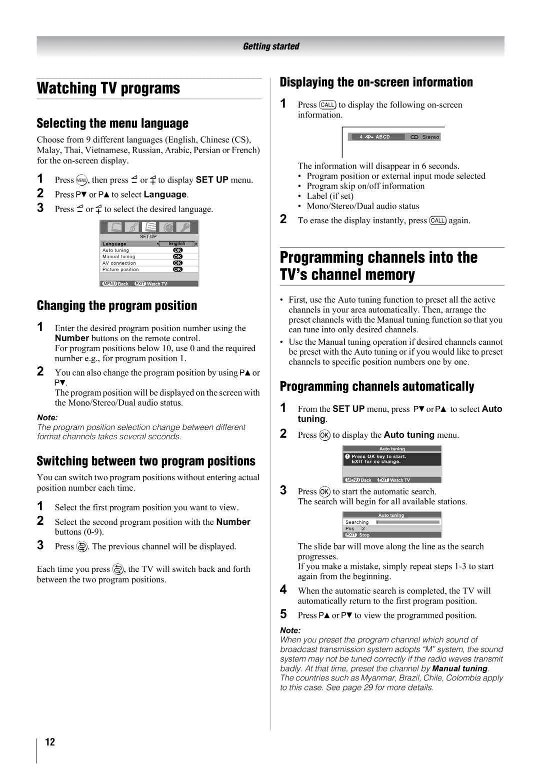 Toshiba 42WL68E, 42WL68T, 42WL68A Watching TV programs, Selecting the menu language, Changing the program position 