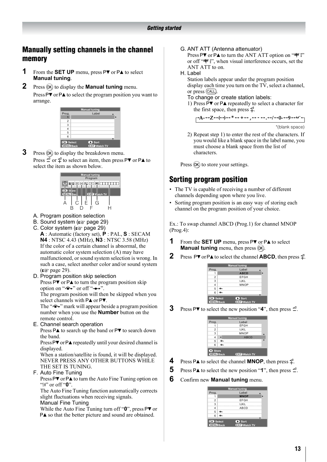 Toshiba 42WL68T, 42WL68E, 42WL68A owner manual Manually setting channels in the channel memory, Sorting program position 