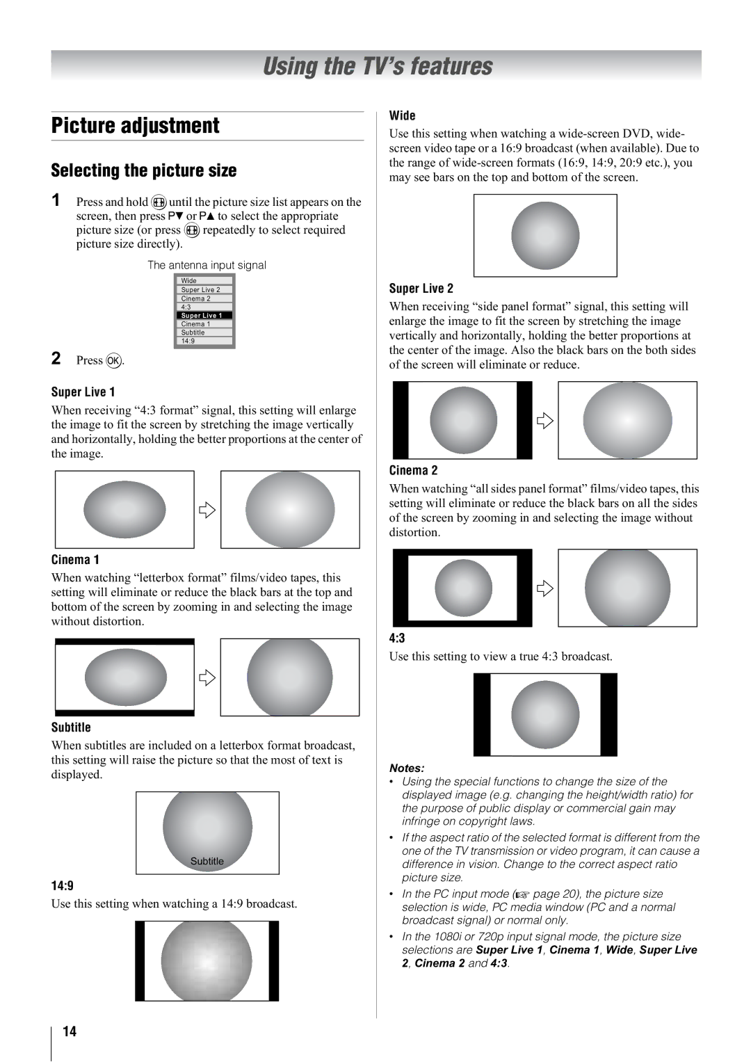 Toshiba 42WL68A, 42WL68E, 42WL68T owner manual Using the TV’s features, Picture adjustment, Selecting the picture size 