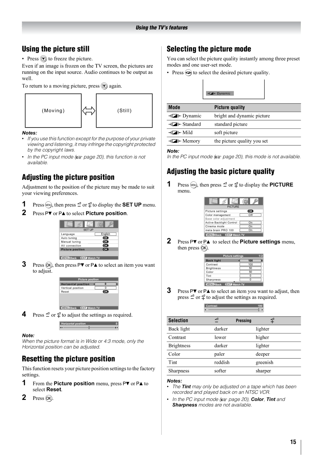 Toshiba 42WL68E, 42WL68T, 42WL68A Using the picture still, Adjusting the picture position, Resetting the picture position 