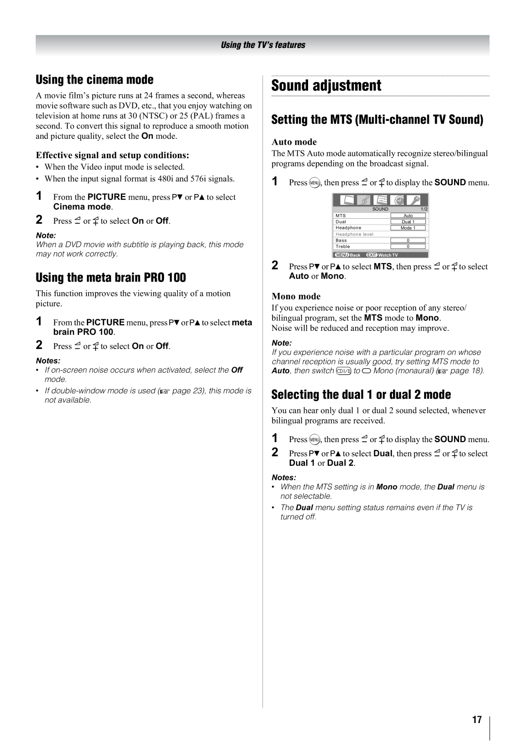 Toshiba 42WL68A Sound adjustment, Using the cinema mode, Using the meta brain PRO, Selecting the dual 1 or dual 2 mode 