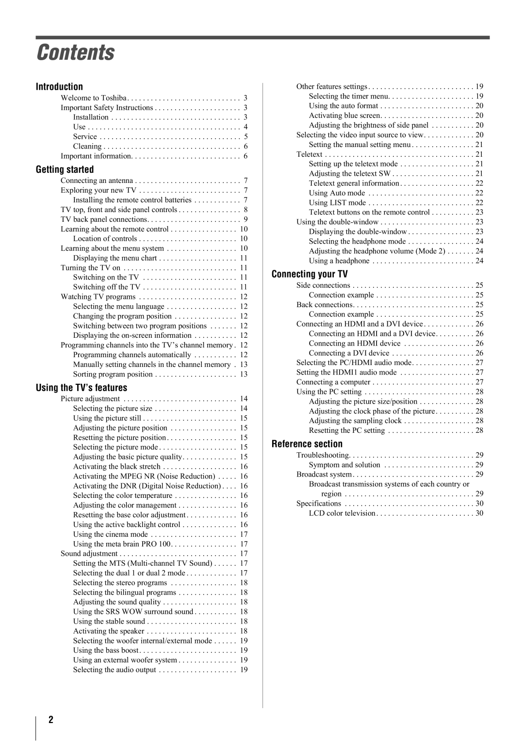 Toshiba 42WL68A, 42WL68E, 42WL68T owner manual Contents 