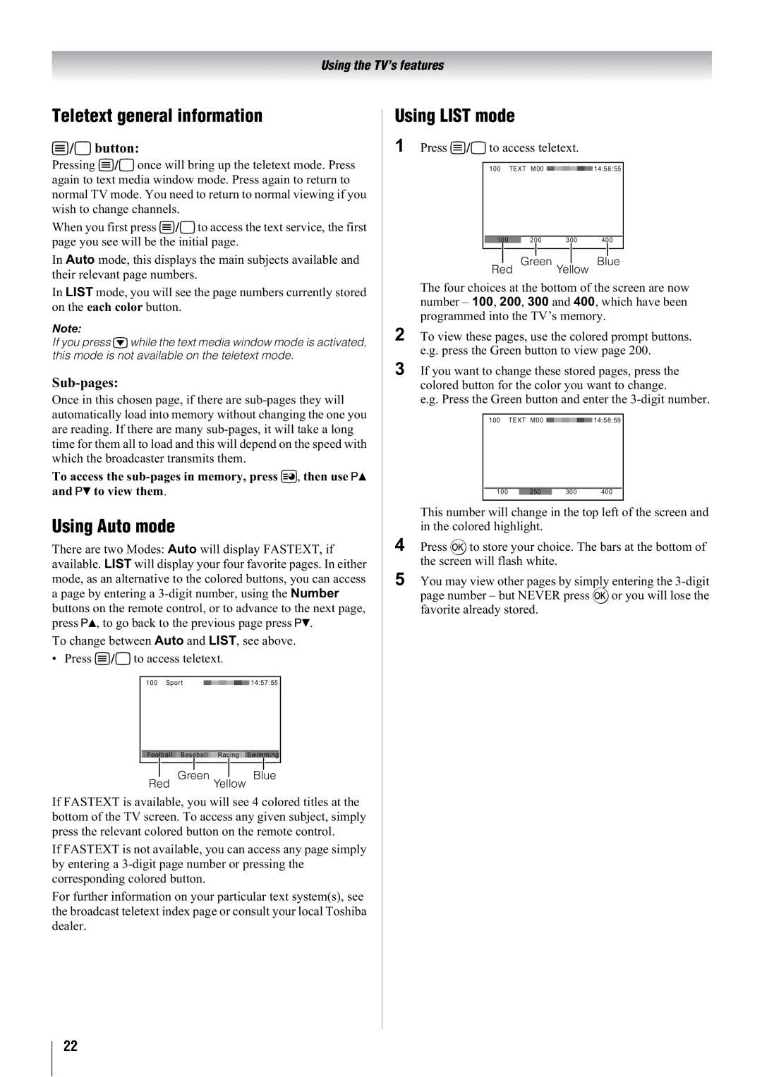 Toshiba 42WL68T, 42WL68E, 42WL68A Teletext general information, Using Auto mode, Using List mode, Button, Sub-pages 