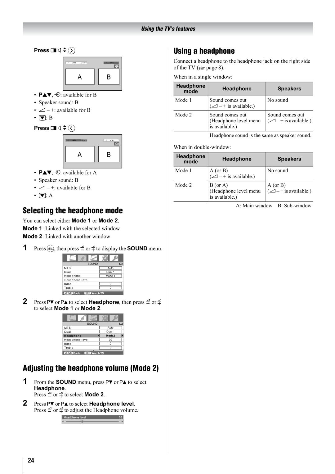 Toshiba 42WL68E, 42WL68T, 42WL68A owner manual Selecting the headphone mode, Using a headphone, Headphone Speakers 