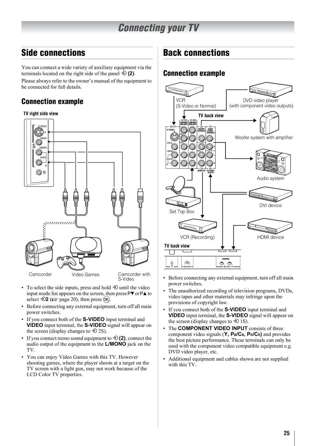 Toshiba 42WL68T, 42WL68E, 42WL68A owner manual Connecting your TV, Side connections, Back connections, Connection example 