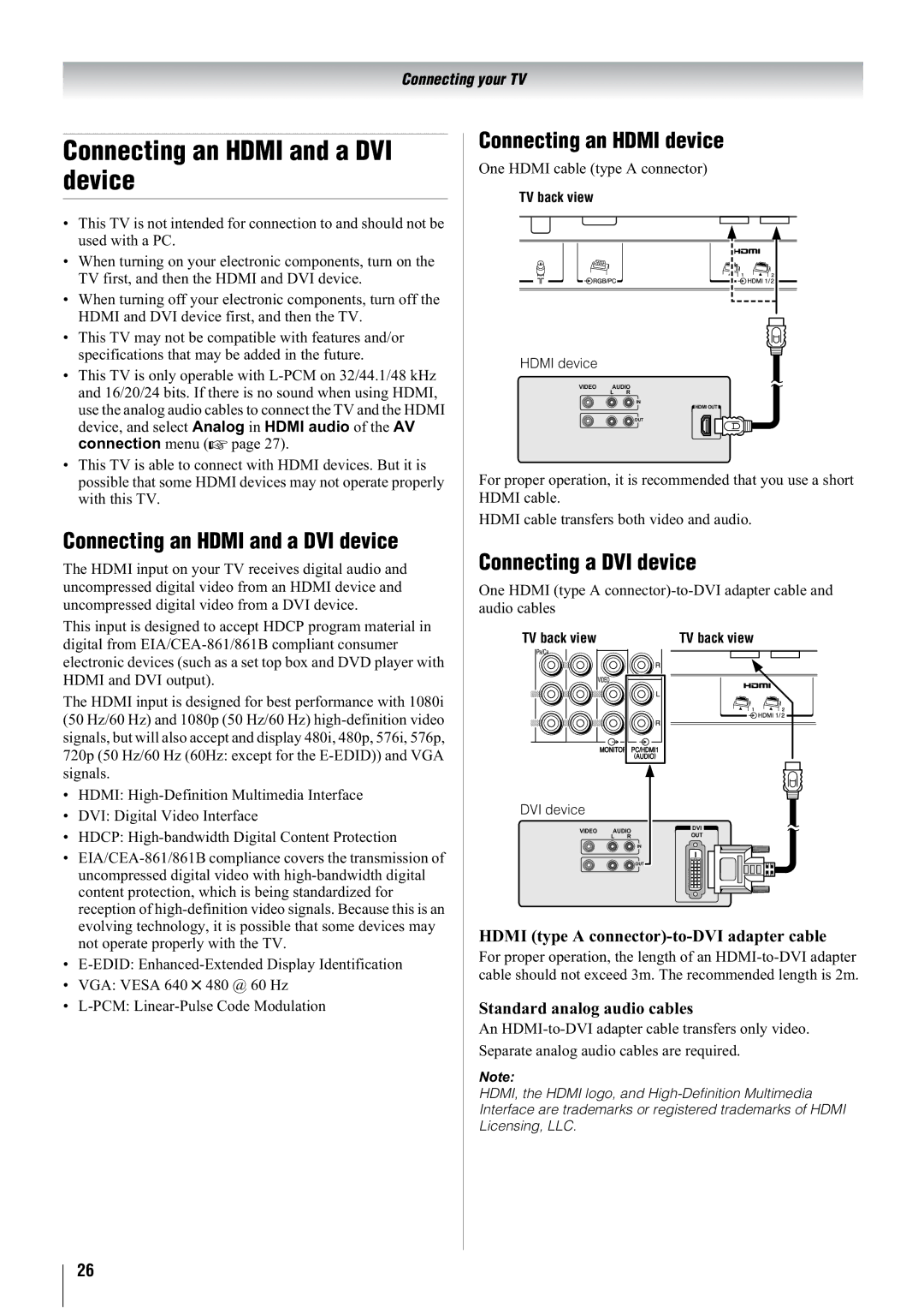 Toshiba 42WL68A, 42WL68E, 42WL68T Connecting an Hdmi and a DVI device, Connecting an Hdmi device, Connecting a DVI device 