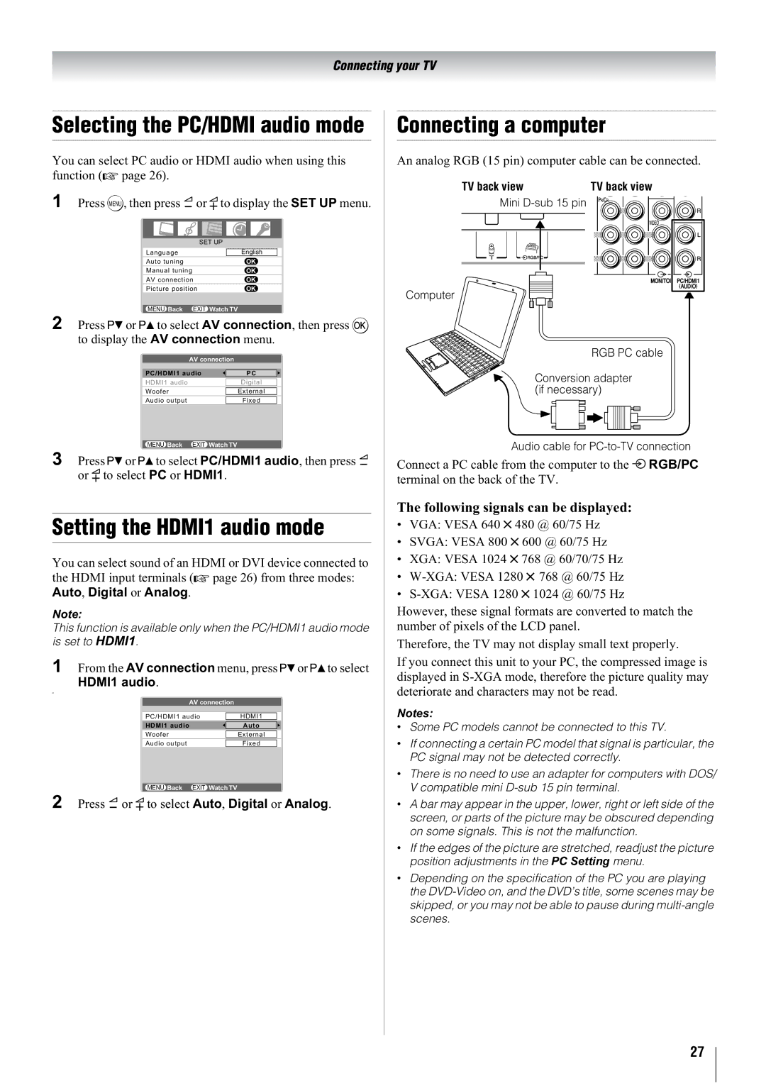 Toshiba 42WL68E, 42WL68T, 42WL68A Setting the HDMI1 audio mode, Connecting a computer, Following signals can be displayed 