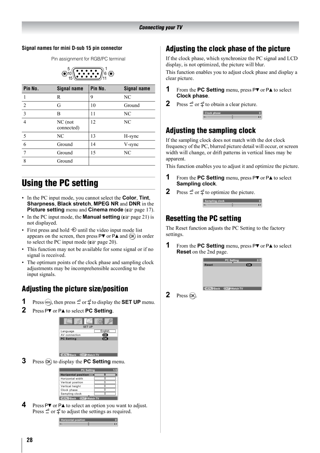 Toshiba 42WL68T Using the PC setting, Adjusting the picture size/position, Adjusting the clock phase of the picture 