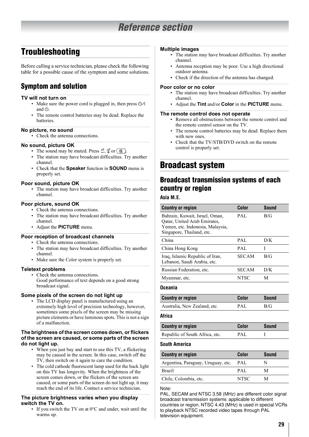 Toshiba 42WL68A, 42WL68E, 42WL68T owner manual Reference section, Troubleshooting, Broadcast system, Symptom and solution 