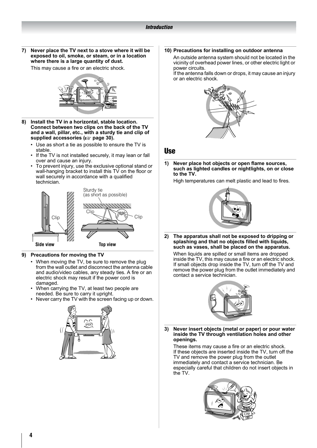 Toshiba 42WL68T, 42WL68E, 42WL68A Use, Precautions for moving the TV, Precautions for installing on outdoor antenna 