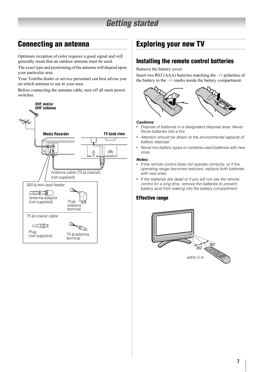 Toshiba 42WL68T Getting started, Connecting an antenna, Exploring your new TV, Installing the remote control batteries 