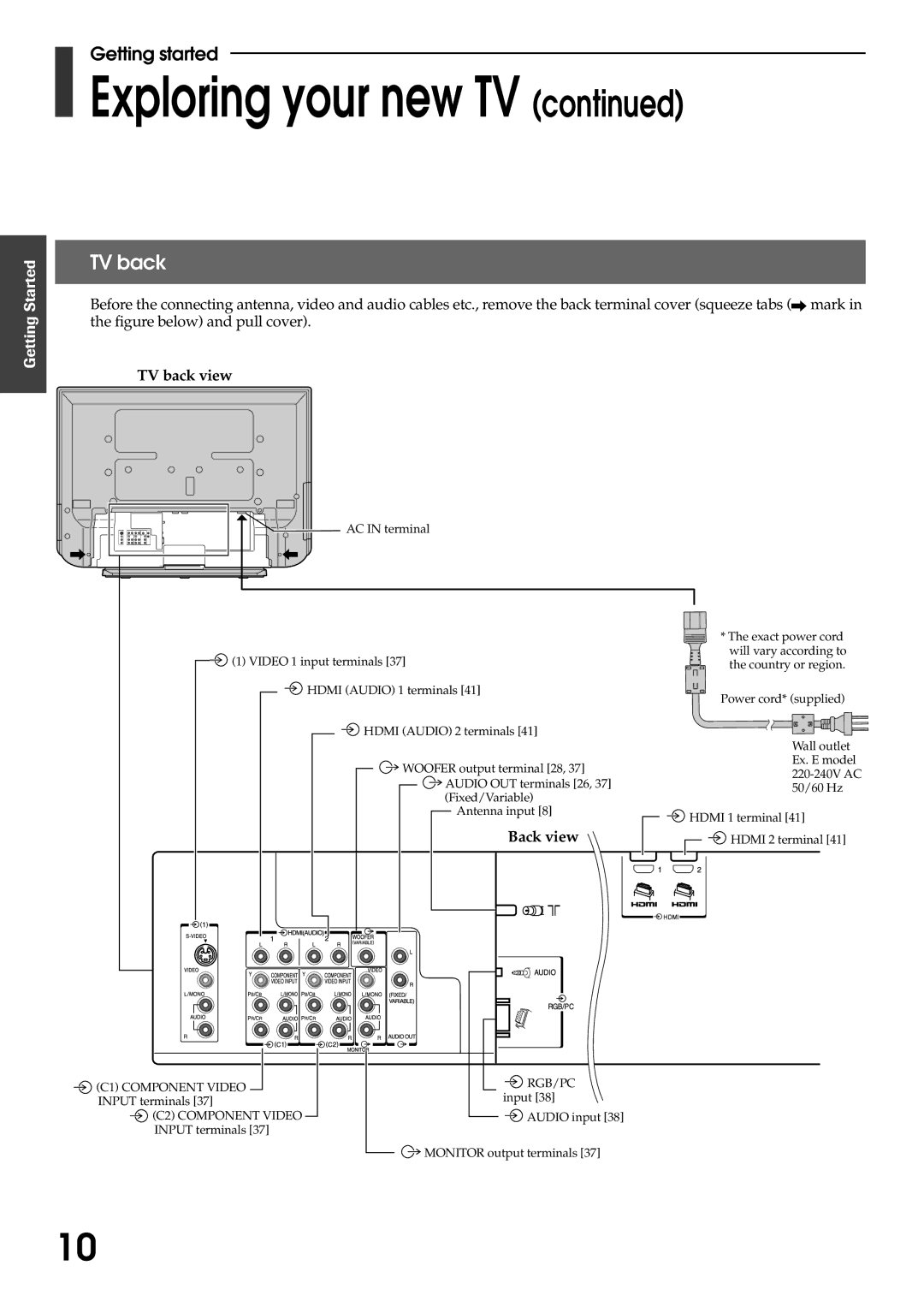 Toshiba 42WP56E, 42WP56T, 42WP56A owner manual TV back, Getting Started, Back view 