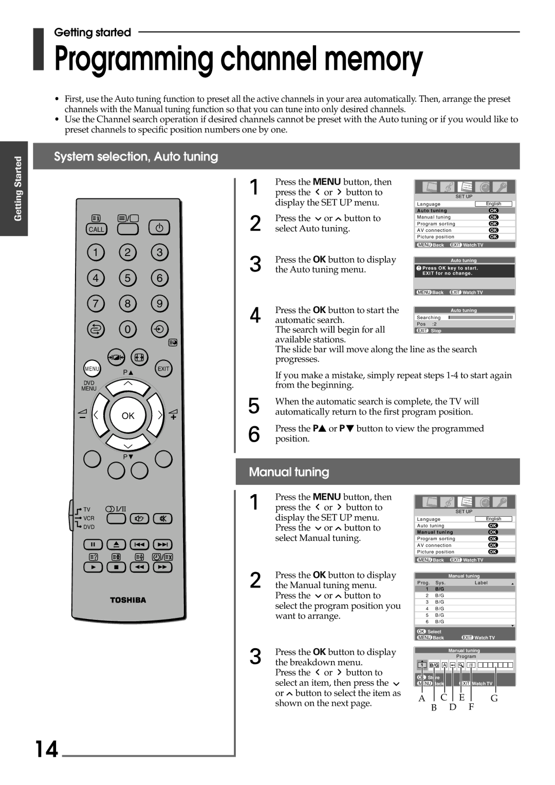 Toshiba 42WP56A, 42WP56T, 42WP56E owner manual Programming channel memory, System selection, Auto tuning, Manual tuning 