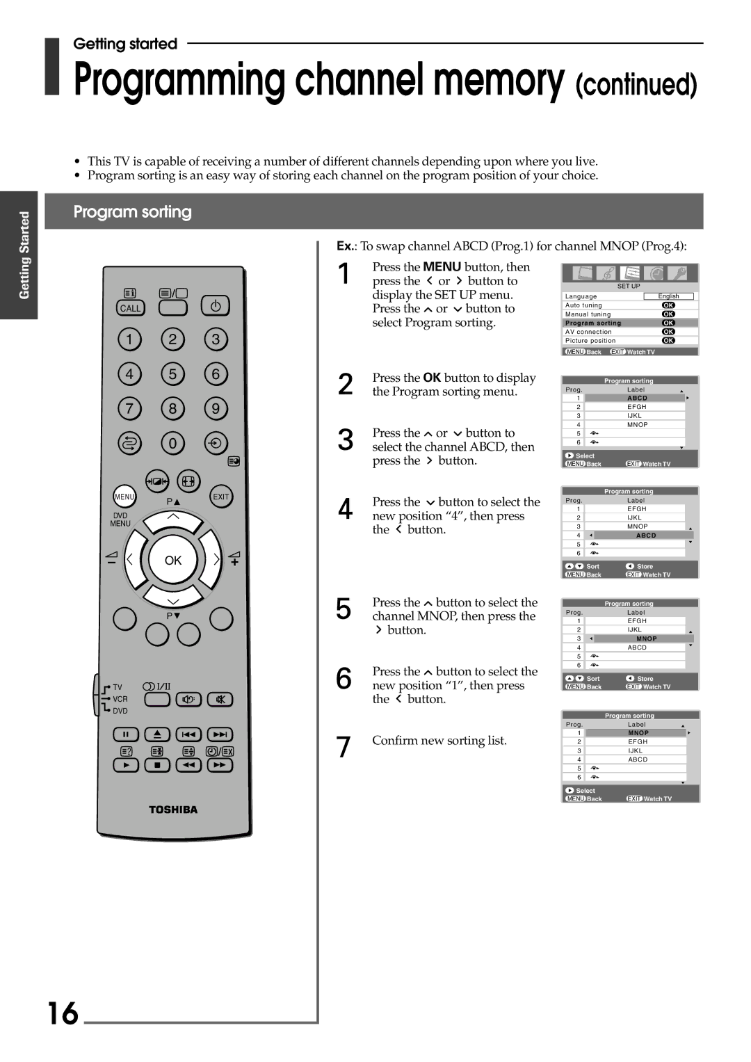 Toshiba 42WP56E, 42WP56T, 42WP56A owner manual Programming channel memory, Program sorting 