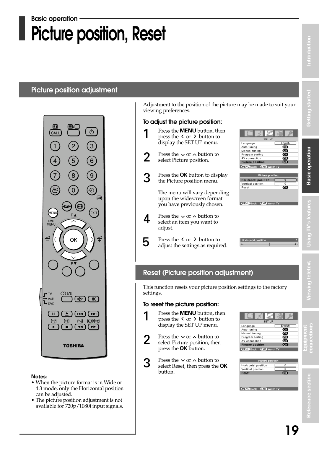 Toshiba 42WP56E, 42WP56T Picture position, Reset, Reset Picture position adjustment, To adjust the picture position 