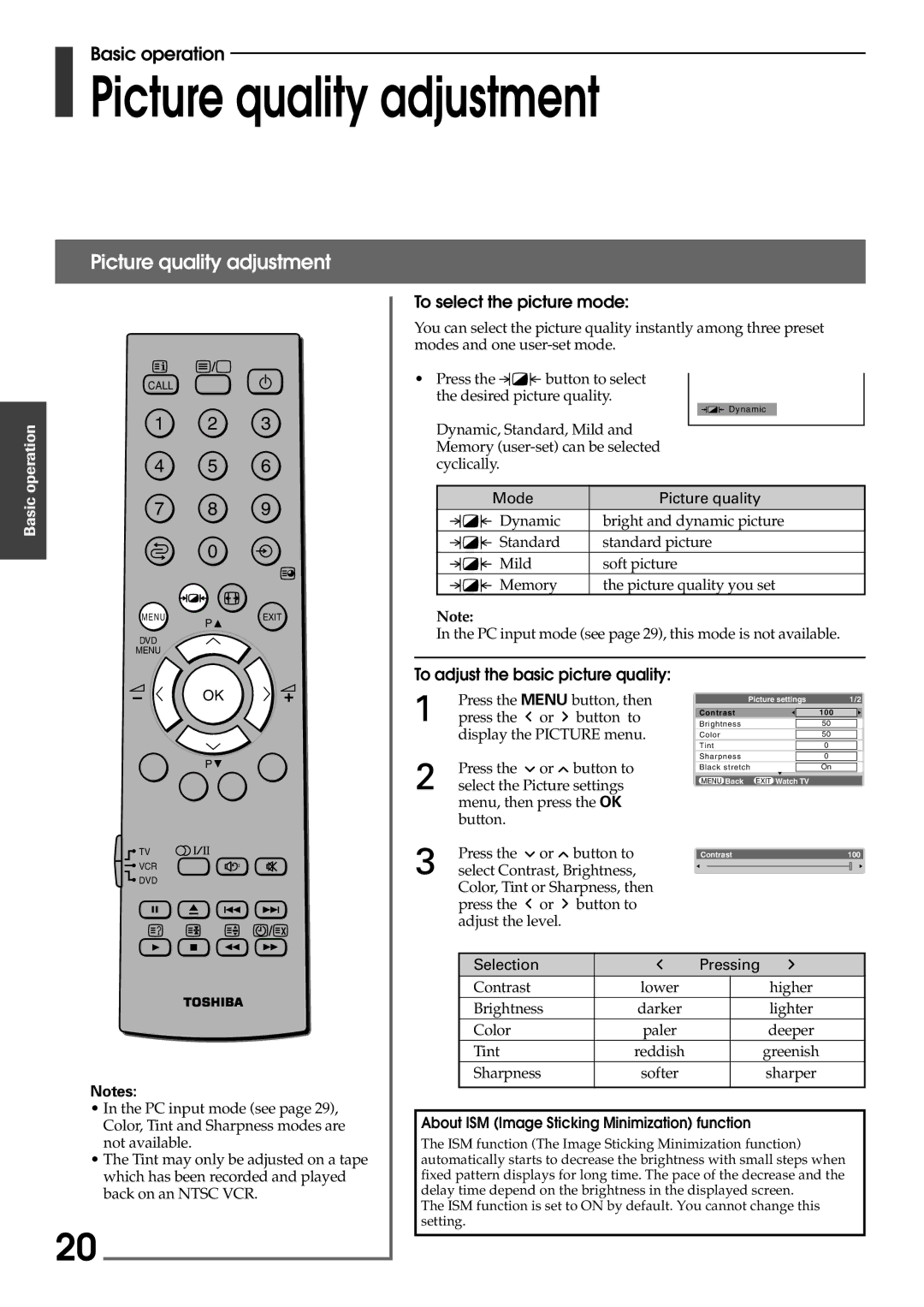 Toshiba 42WP56A, 42WP56T Picture quality adjustment, To select the picture mode, To adjust the basic picture quality 