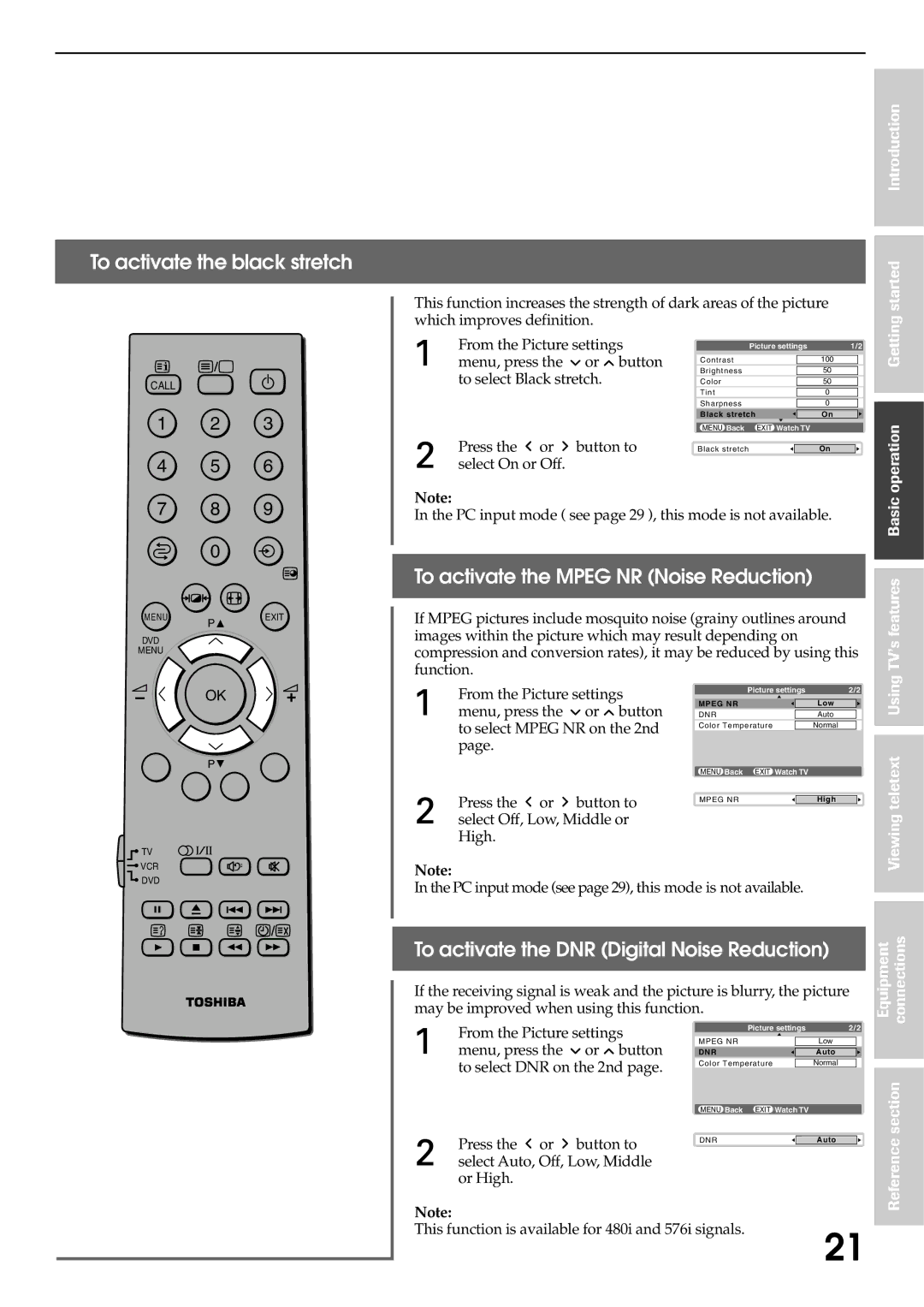 Toshiba 42WP56T, 42WP56E, 42WP56A To activate the black stretch, To activate the Mpeg NR Noise Reduction, Section 