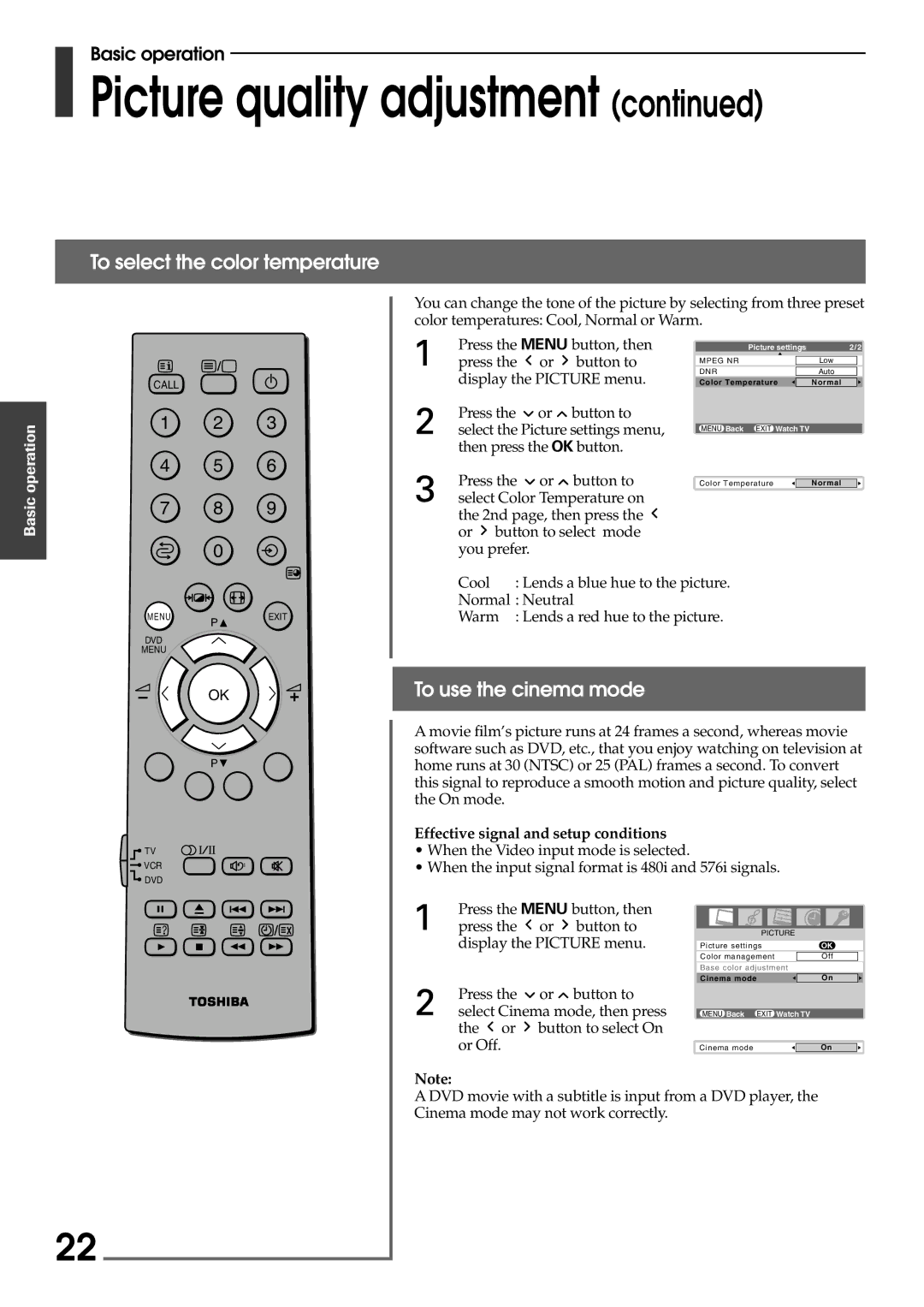 Toshiba 42WP56E, 42WP56T To select the color temperature, To use the cinema mode, Effective signal and setup conditions 