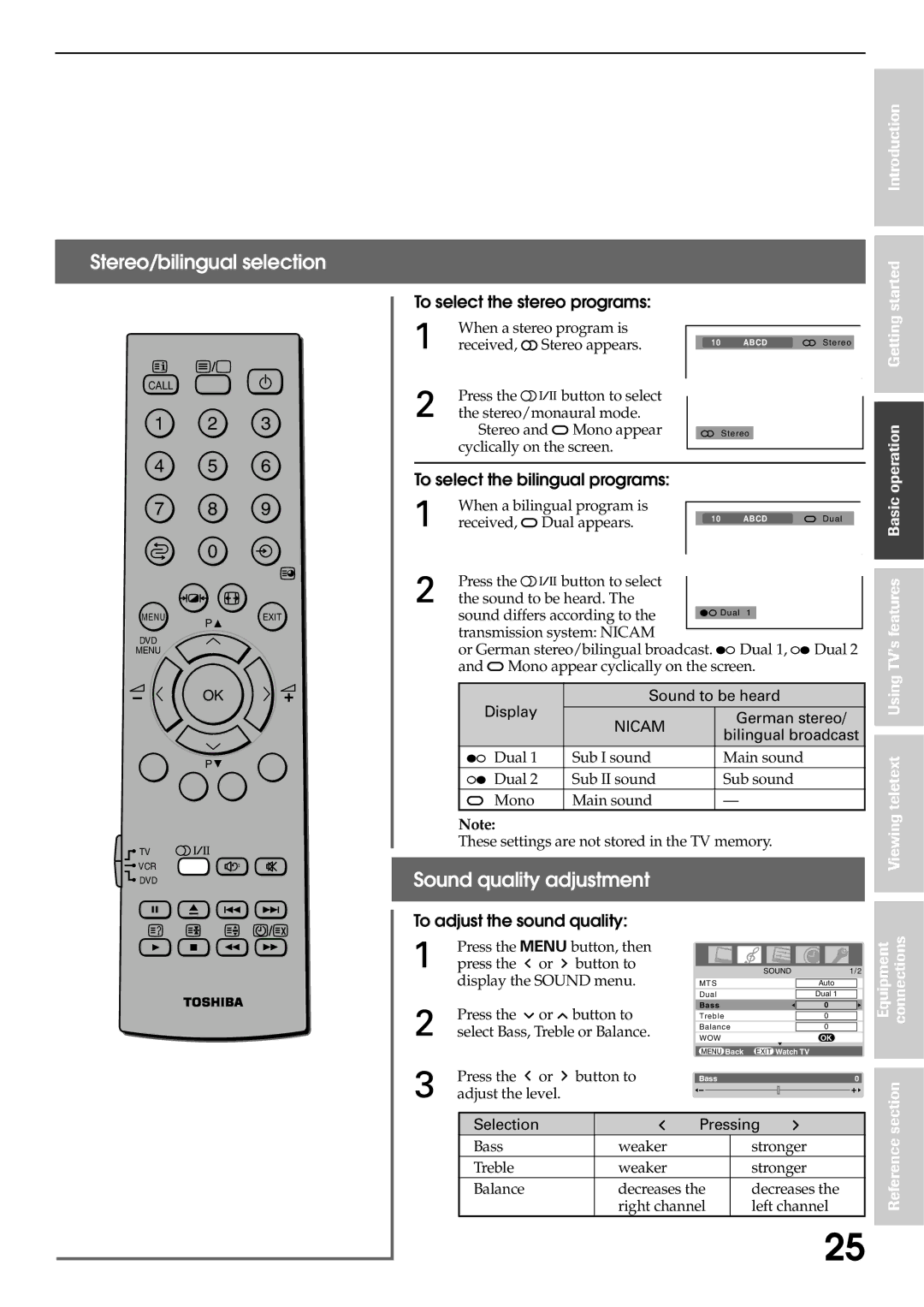 Toshiba 42WP56E, 42WP56T, 42WP56A Stereo/bilingual selection, Sound quality adjustment, To select the stereo programs 