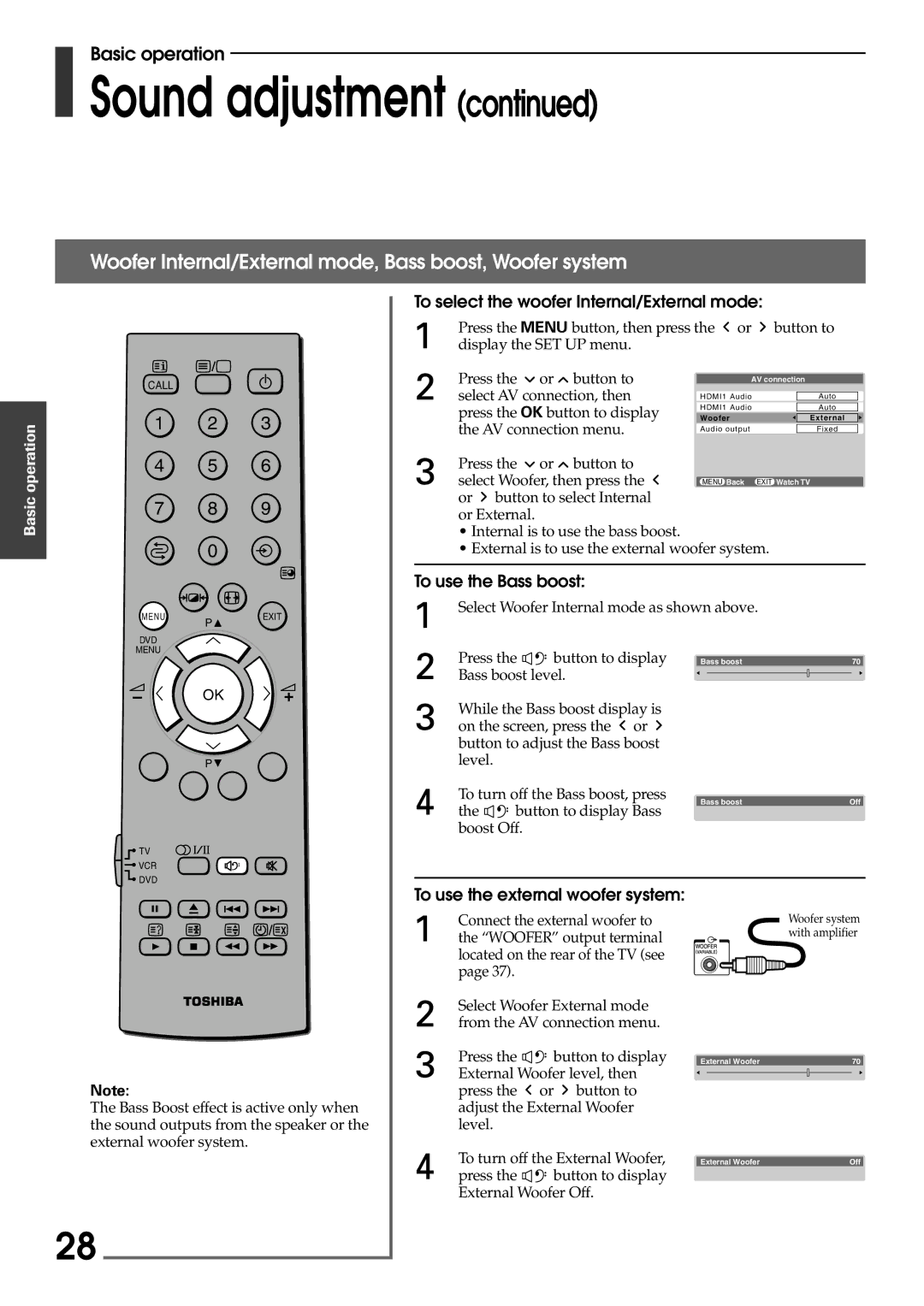 Toshiba 42WP56E Woofer Internal/External mode, Bass boost, Woofer system, To select the woofer Internal/External mode 