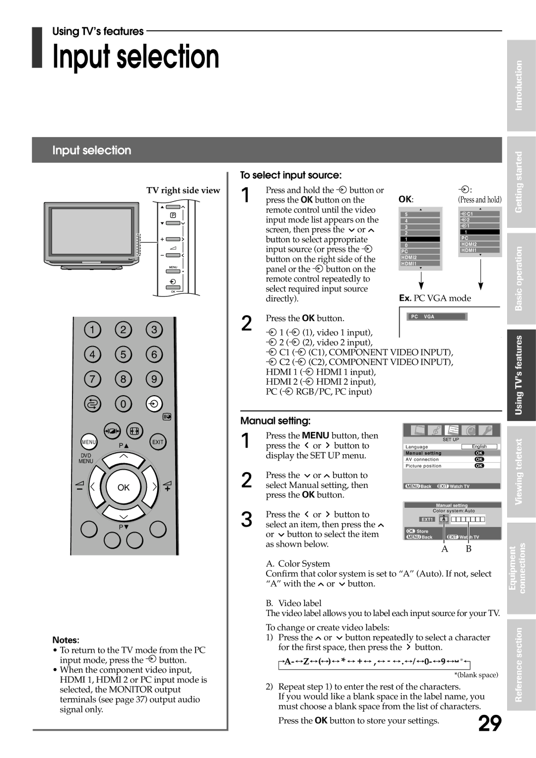 Toshiba 42WP56A, 42WP56T, 42WP56E owner manual Input selection, To select input source, Manual setting, Viewing 