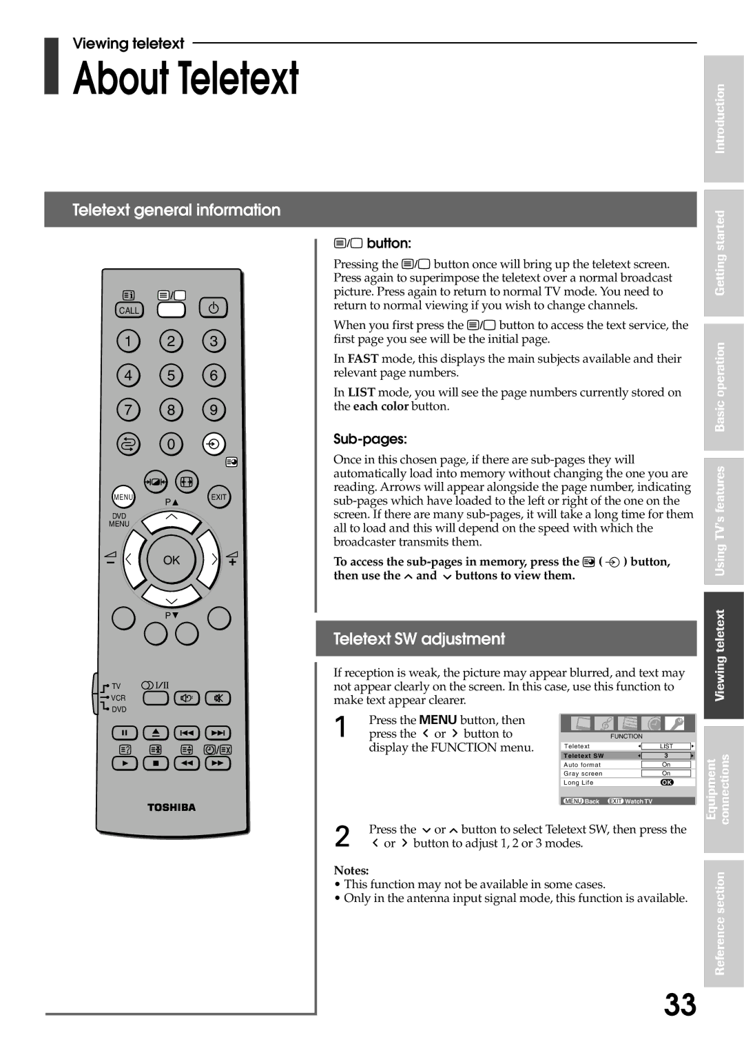 Toshiba 42WP56T, 42WP56E, 42WP56A About Teletext, Teletext general information, Teletext SW adjustment, Button, Sub-pages 