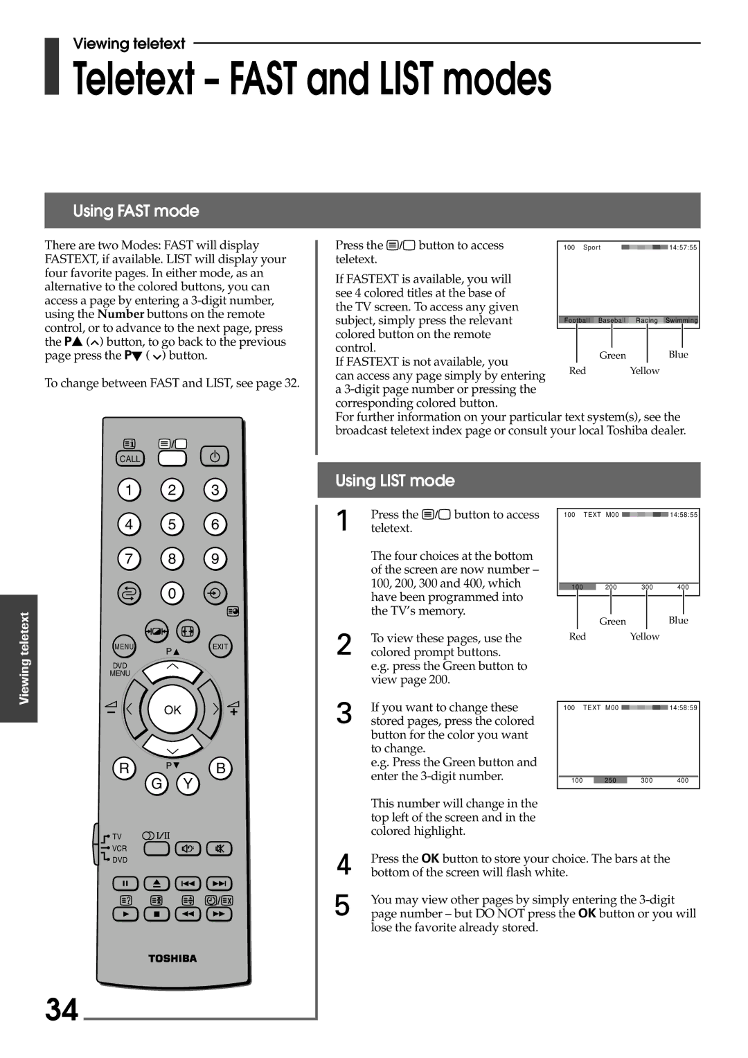 Toshiba 42WP56E, 42WP56T, 42WP56A owner manual Teletext Fast and List modes, Using Fast mode, Using List mode 