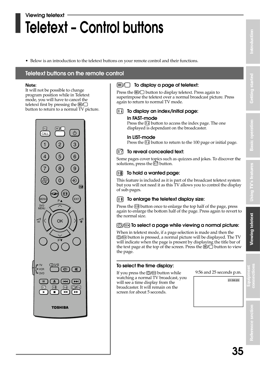 Toshiba 42WP56A, 42WP56T, 42WP56E owner manual Teletext Control buttons, Teletext buttons on the remote control 