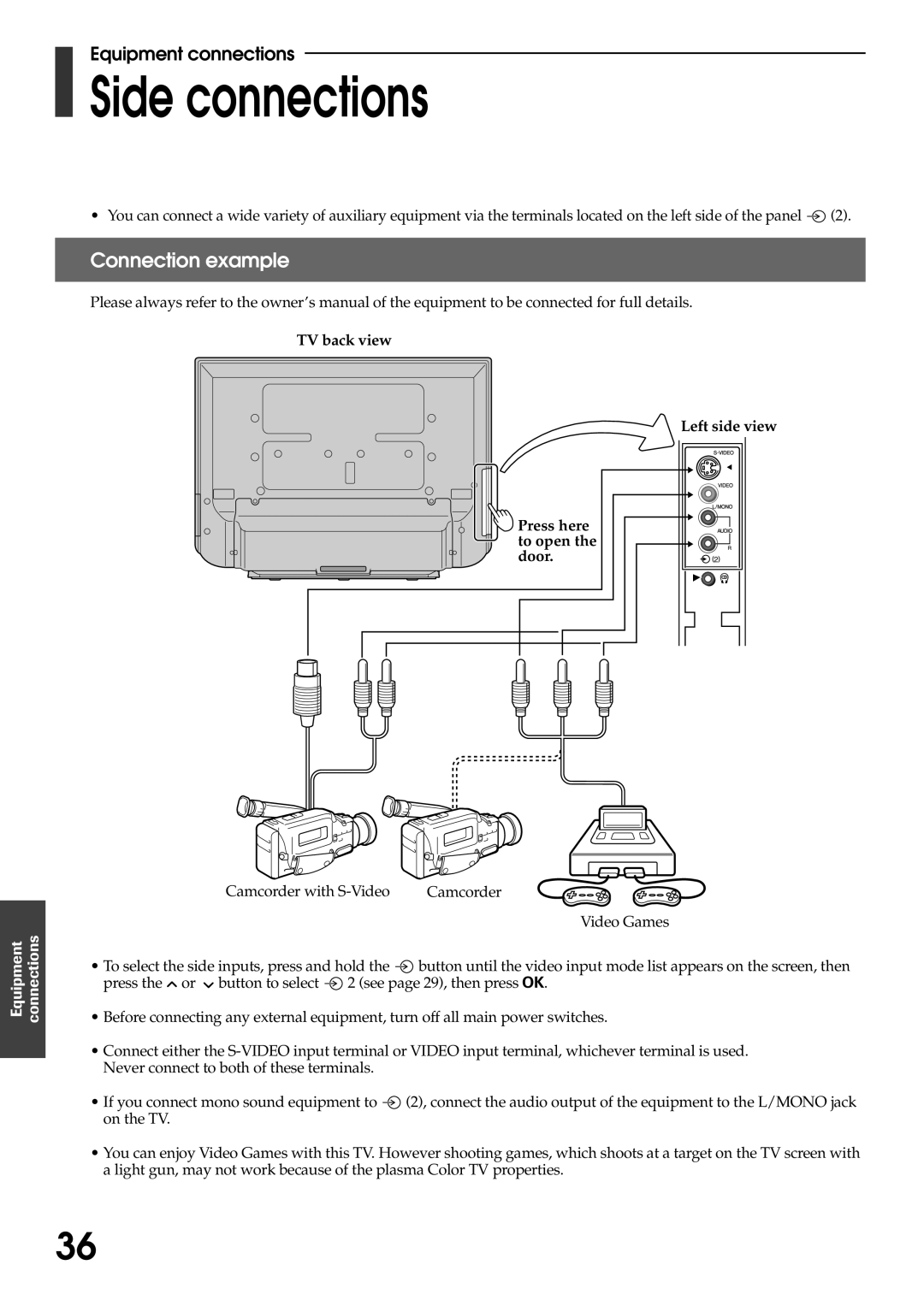 Toshiba 42WP56T, 42WP56E Side connections, Connection example, TV back view Left side view Press here to open the door 