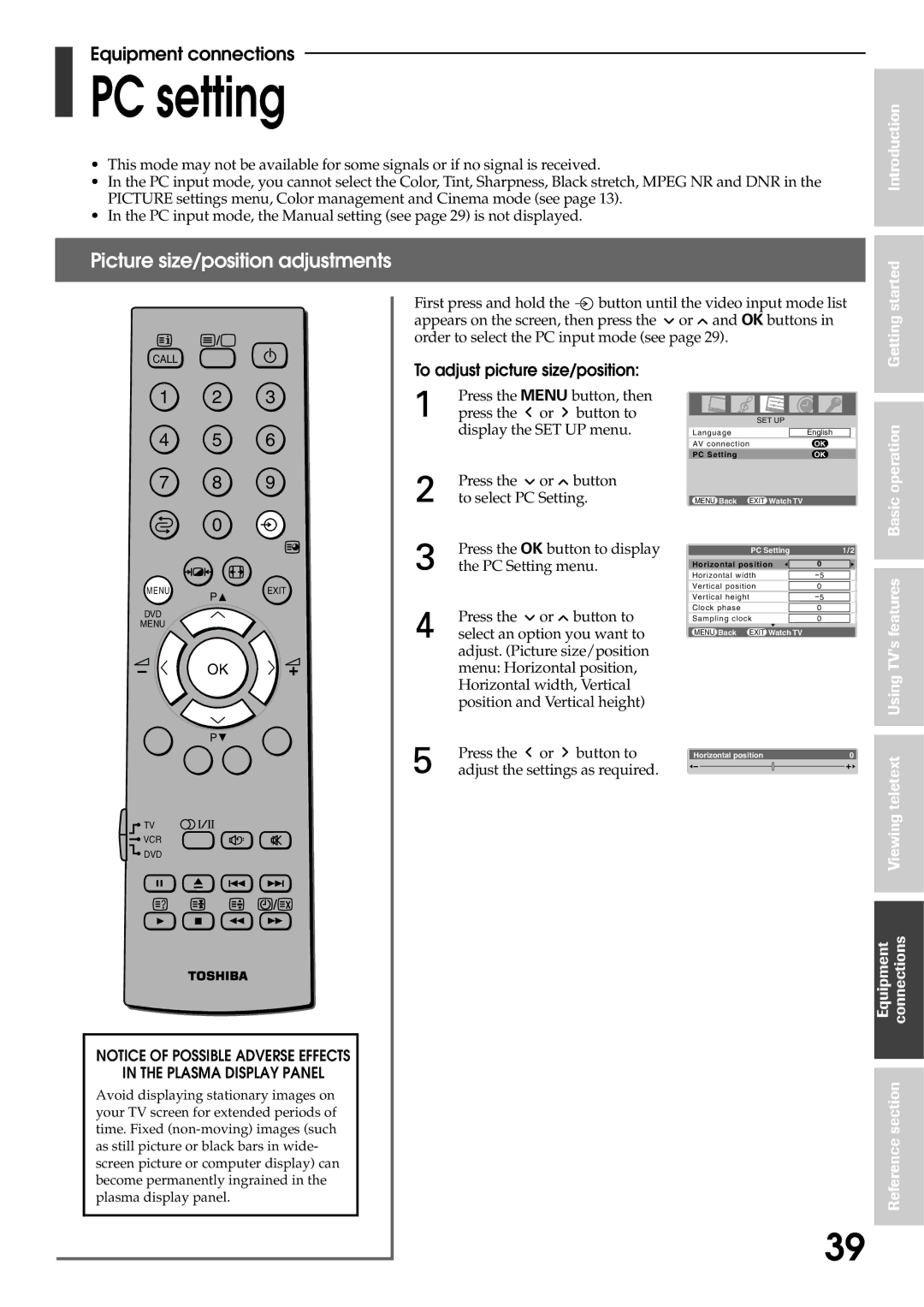 Toshiba 42WP56T, 42WP56E, 42WP56A owner manual PC setting, Picture size/position adjustments, To adjust picture size/position 