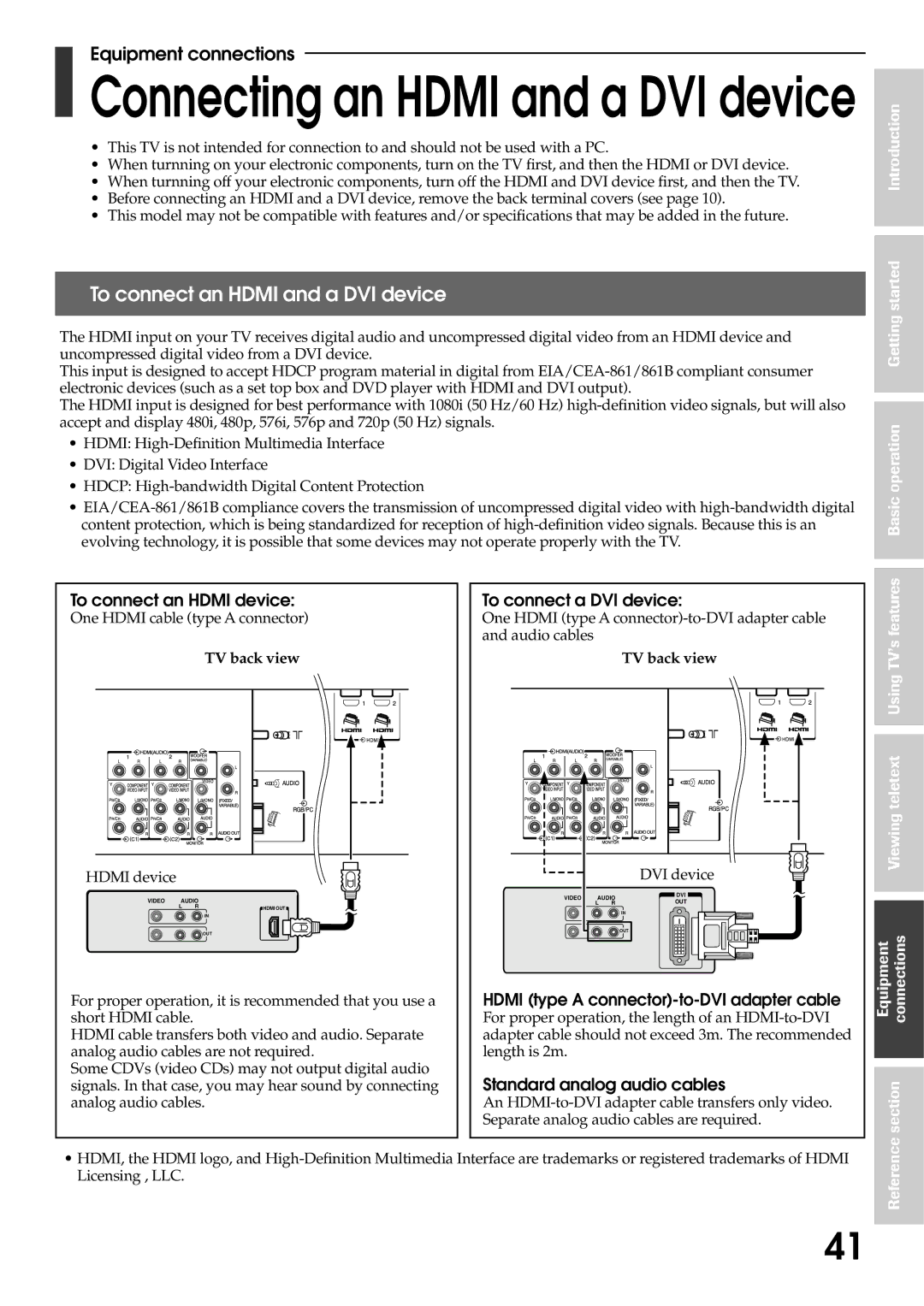 Toshiba 42WP56A, 42WP56T, 42WP56E To connect an Hdmi and a DVI device, To connect an Hdmi device, To connect a DVI device 