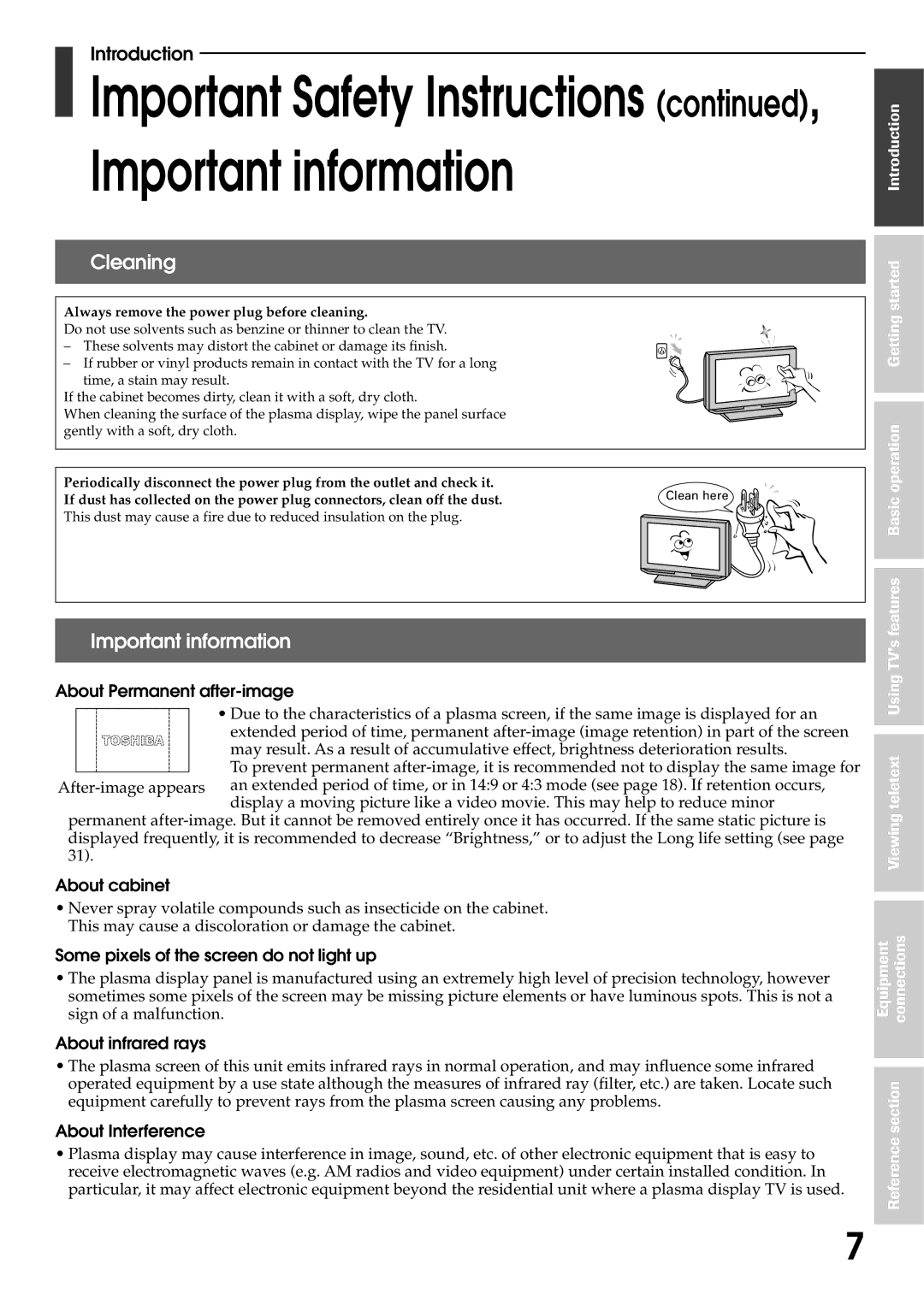 Toshiba 42WP56E, 42WP56T, 42WP56A owner manual Cleaning, Important information 