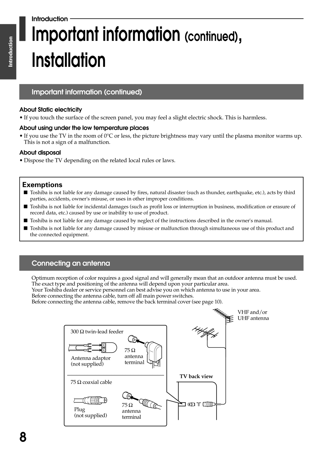 Toshiba 42WP56A Important information Installation, Connecting an antenna, About Static electricity, About disposal 